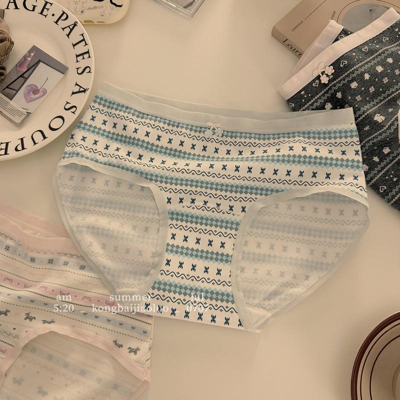Female Summer Printed Cotton Extended Crotch No Trace Breathable Middle Waist Triangle Briefs