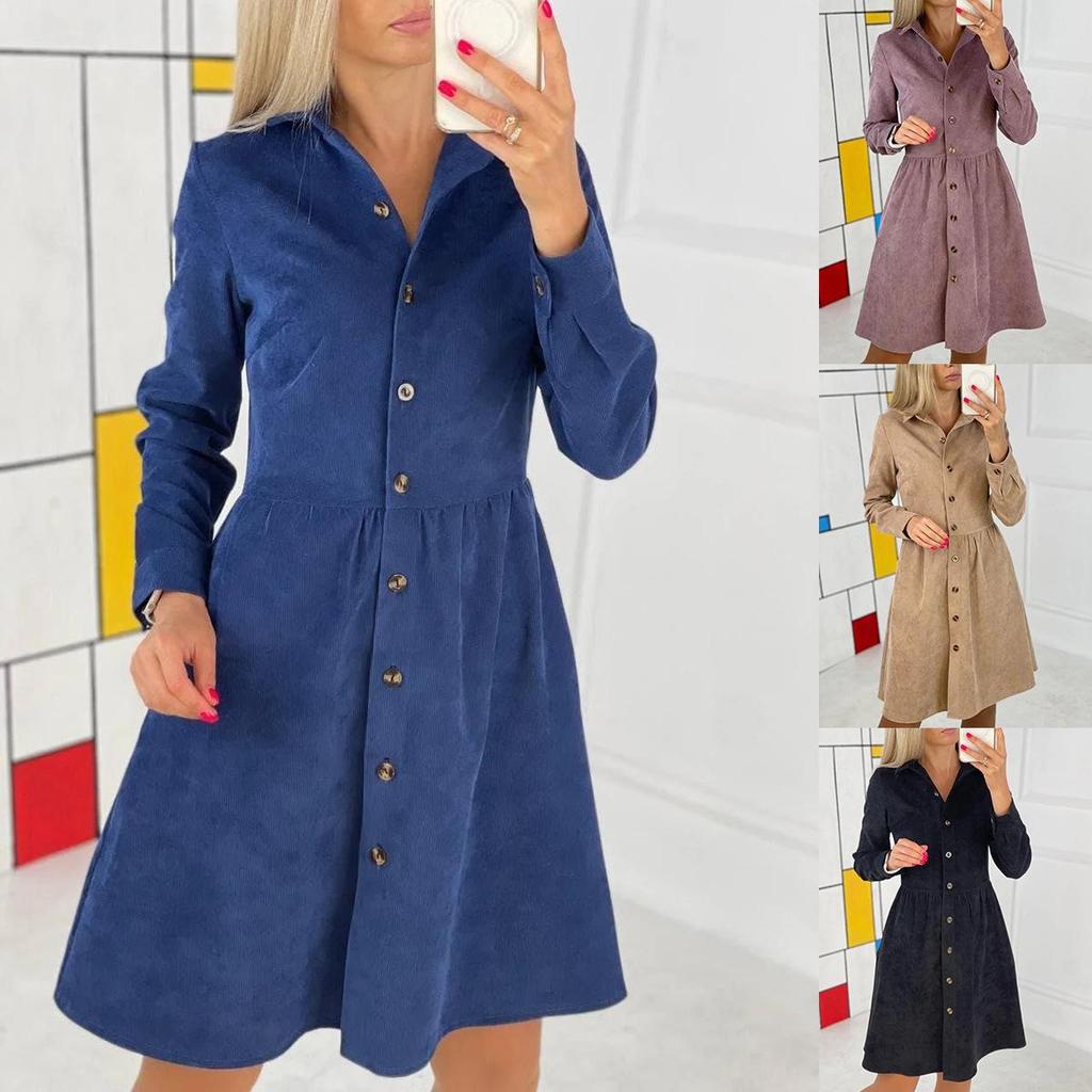 Robe Chemise en Velours Côtelé pour Femme Manches Longues Boutonnée Midi Maxi Automne Hiver