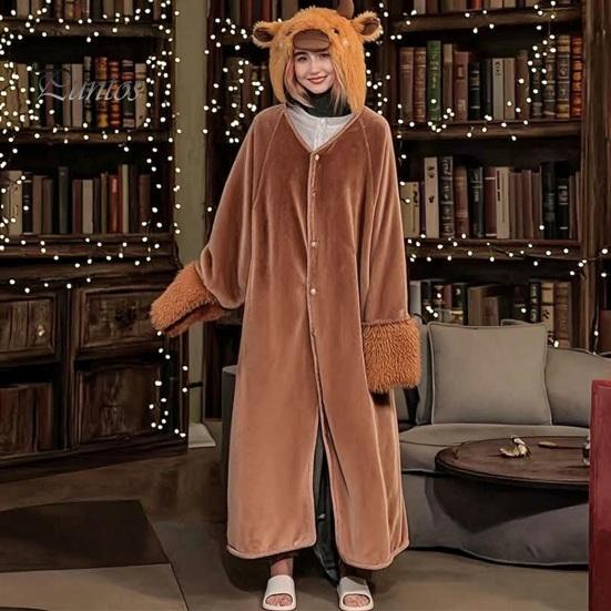 Comfortable Loungewear for Women Halloween Wearable Blanket Hoodie, Cozy Hooded Highland Cow Cape, Soft Festive Winter Throw Plush Sloth Black