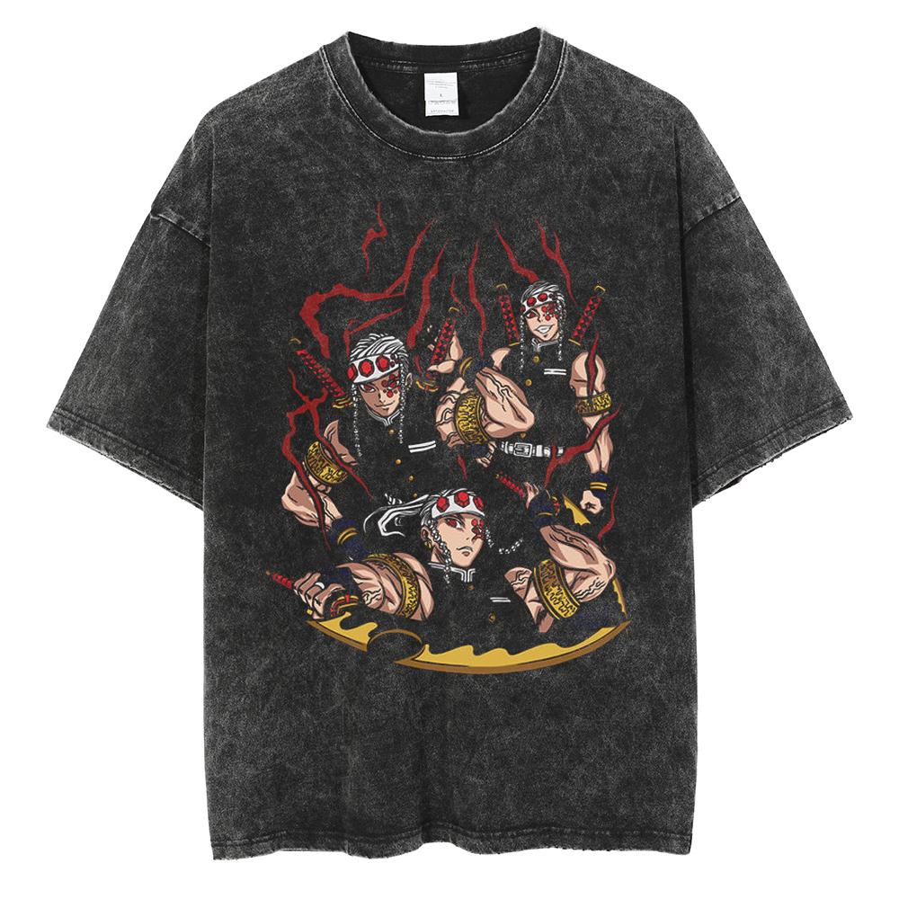 Heißes Anime Demon Slayer Kamado Tanjirou Print T-Shirt Herren Vintage Gewaschene T-Shirts Lässiges Baumwoll-T-Shirt Harajuku Männlich Manga T-Shirt