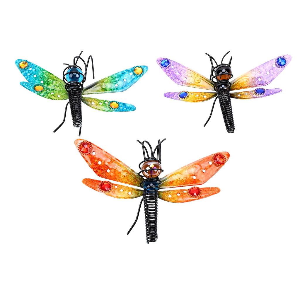 3pcs Plant Pot Decorations Eye Catching Iron Stained Glass Plant Pot Ornament for Garden Balcony Colorful Dragonfly