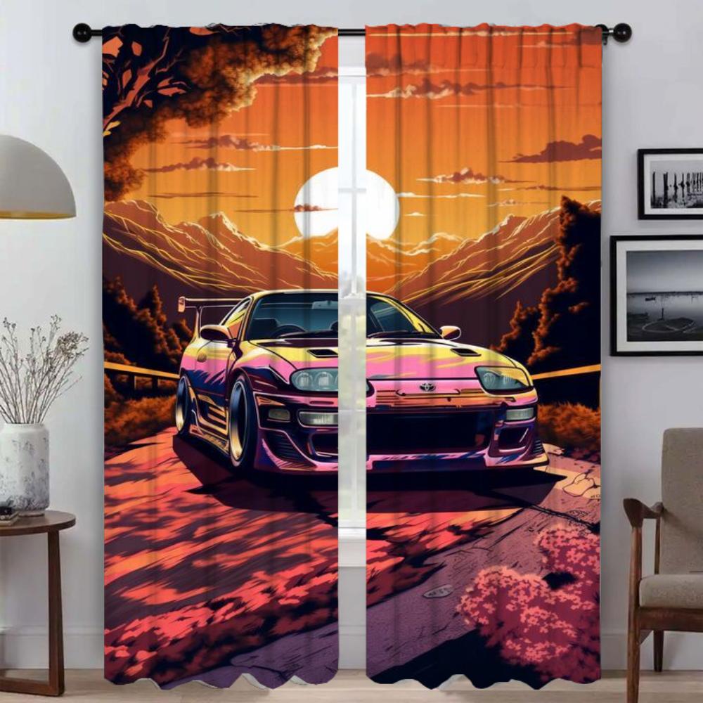 

Автомобиль на солнце Противомоскитные шторы для камеры Шторы для детской комнаты Шторы для перегородки Тюль для спальни Украшения на Хэллоуин W50xH70cmx2pcs-CL