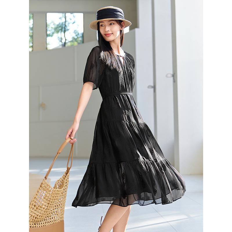 Jiuzi Anna Kou Light Mature Sexy Three Dimensional Embroidered Texture Chiffon Waist Dress for Women 2025 Summer New Style
