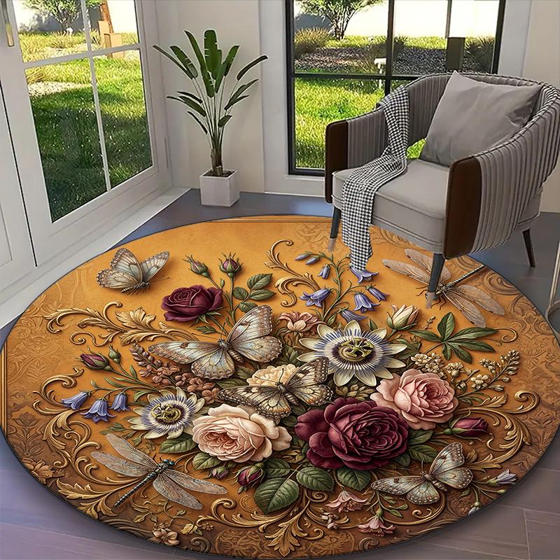1pc Vintage Book Butterfly Printed Chair Rug for Home Office Use, Living Room Kitchen Game Room Round Carpet