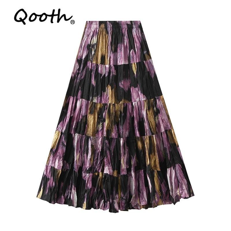 Qooth Elegant Women A Line Pleated Flower Skirt Midi Length Elastic Waist Casual Skirt QT2753