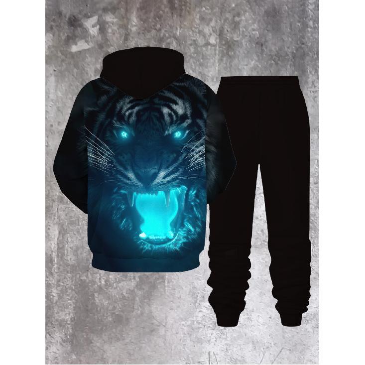 Men's Hoodie and Jogger Set Winter Casual Trendy Glowing Tiger Face 3D Print Street Style Men's Fashion for Adults Men Casual Wear Sportswear Holiday