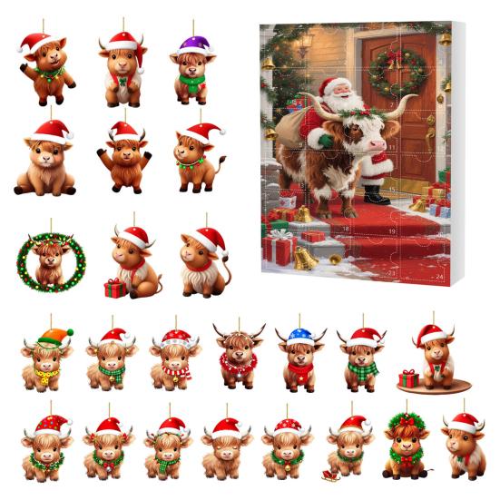 Scottish Highland Cow Advent Calendar Christmas 24 Days Funny Cow Countdown 2D Design Holiday