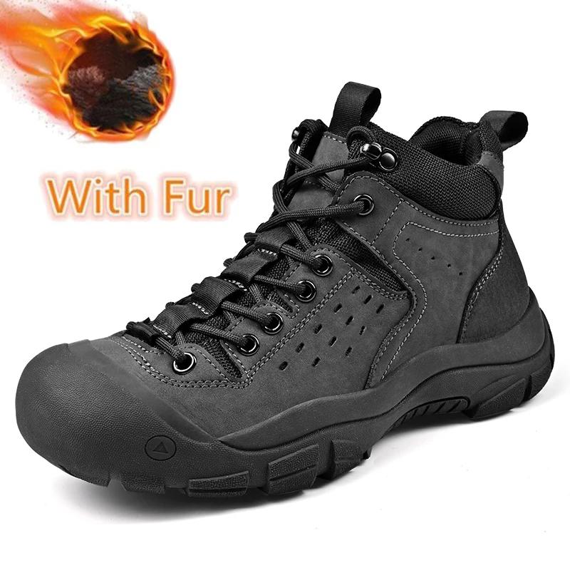 High Quality Mens Outdoor Shoes Non-Slip Hiking Winter Snow Boots Men Genuine Leather Desert Ankle Boots Warm Plush Fur Shoes