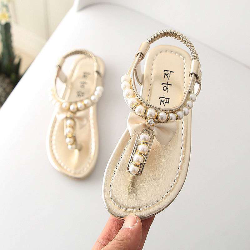 2025 summer Korean version of the new girls sandals princess shoes pearl flip-flops toe sandals baby shoes children's shoes