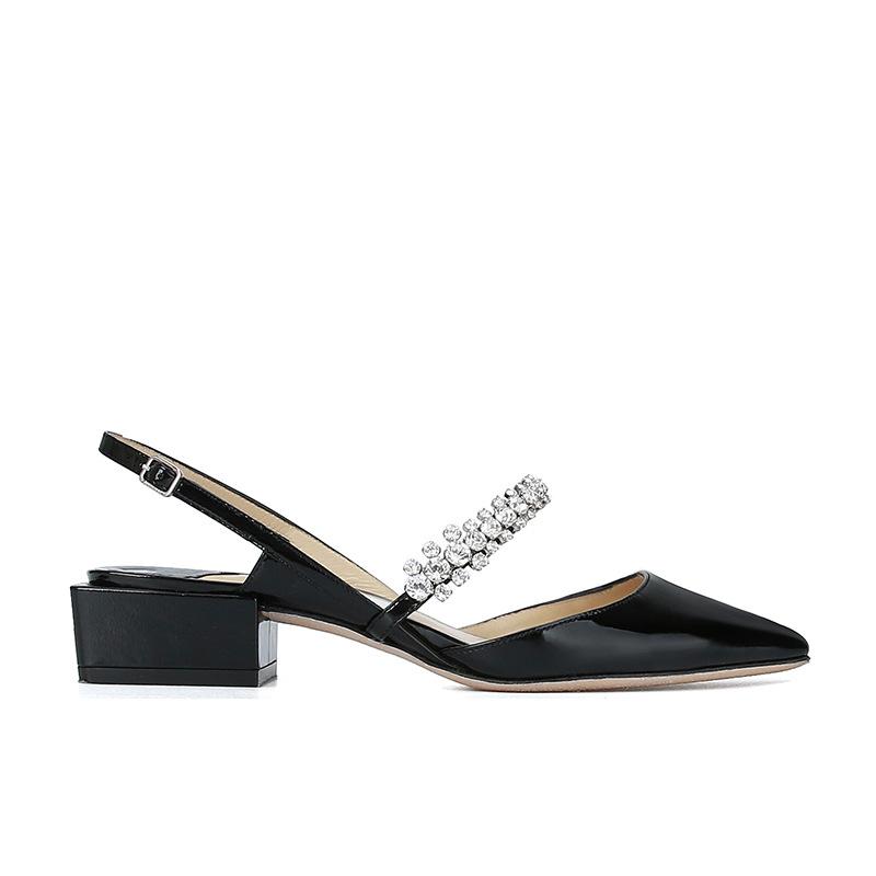 Qiangshengda 2025 square head microfiber leather rhinestone rear empty thick heel sandals female Mary Jane comfortable