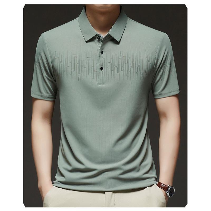 Men's Ice Silk Polo Shirt Short Sleeve Geometric Pattern Breathable Collared Top for Daily