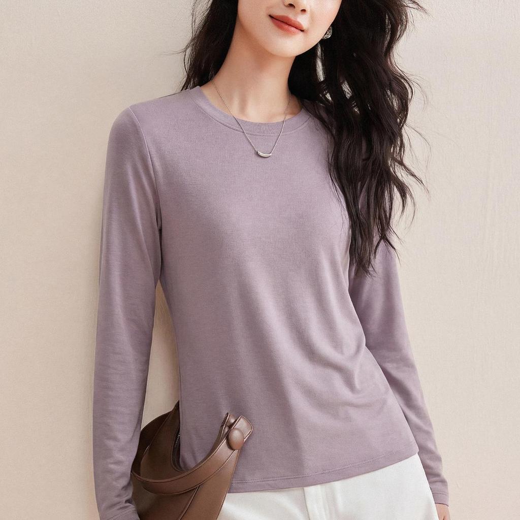 Women's Spring 2026 Round Neck Base Layer Shirt - White, Wool Blend, Skin-Friendly, Long Sleeve Warm Top