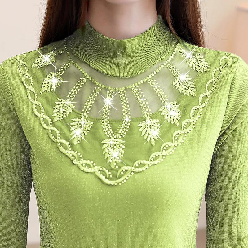 Spring Summer Lace Shirt Women's Wild Slim Bottoming Shirt Large Size Half High Collar Thin Diamond Top