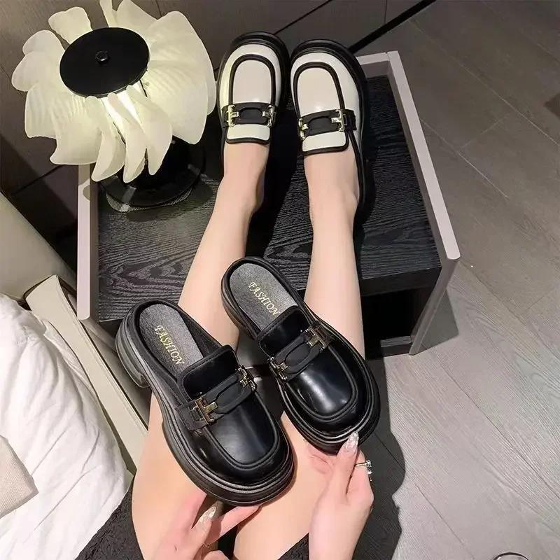 2025 New Shoes French Thick Sole Half Support Loafers Casual Women's Single Shoes British Style Small Leather Shoes