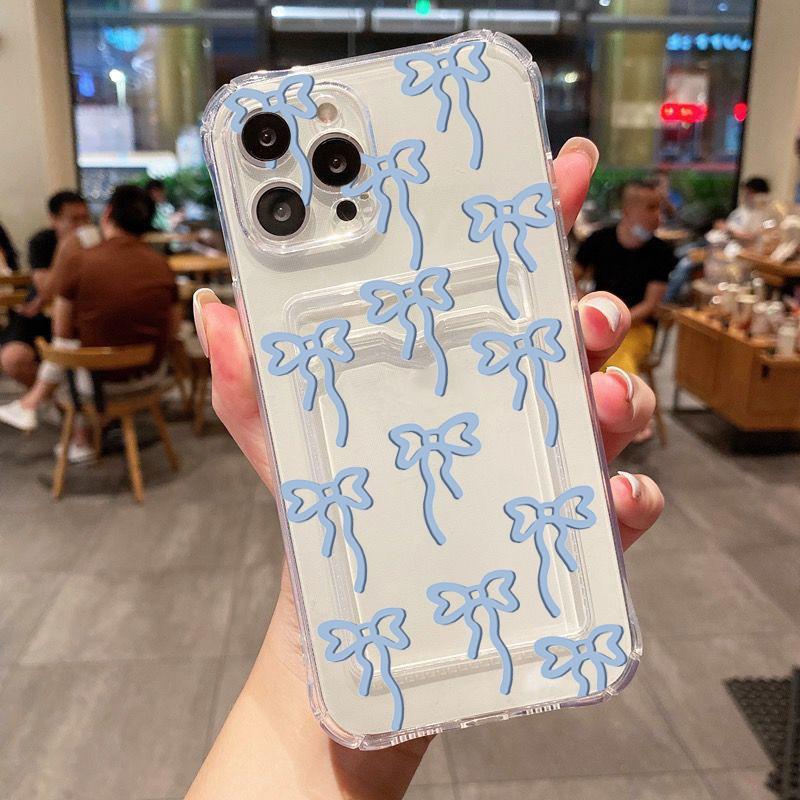 Transparent Card Slot Bag Holder Wallet Case For iPhone 16 15 14 Pro Max 13 12 11 XS X XR 7 8 Plus SE 2022 With Bow Print Cover
