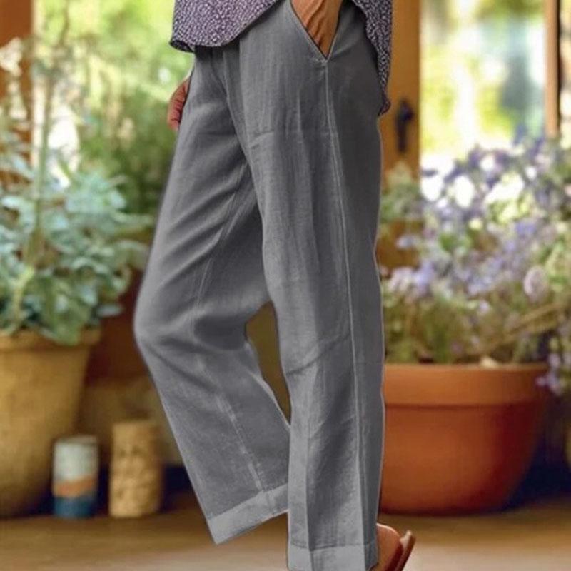 

(S~5XL) Летние хлопковые однотонные прямые длинные брюки для женщин, длинные брюки с высокой талией, рюшами и карманами, повседневные дышащие легкие мягкие брюки плюс 5XL серый