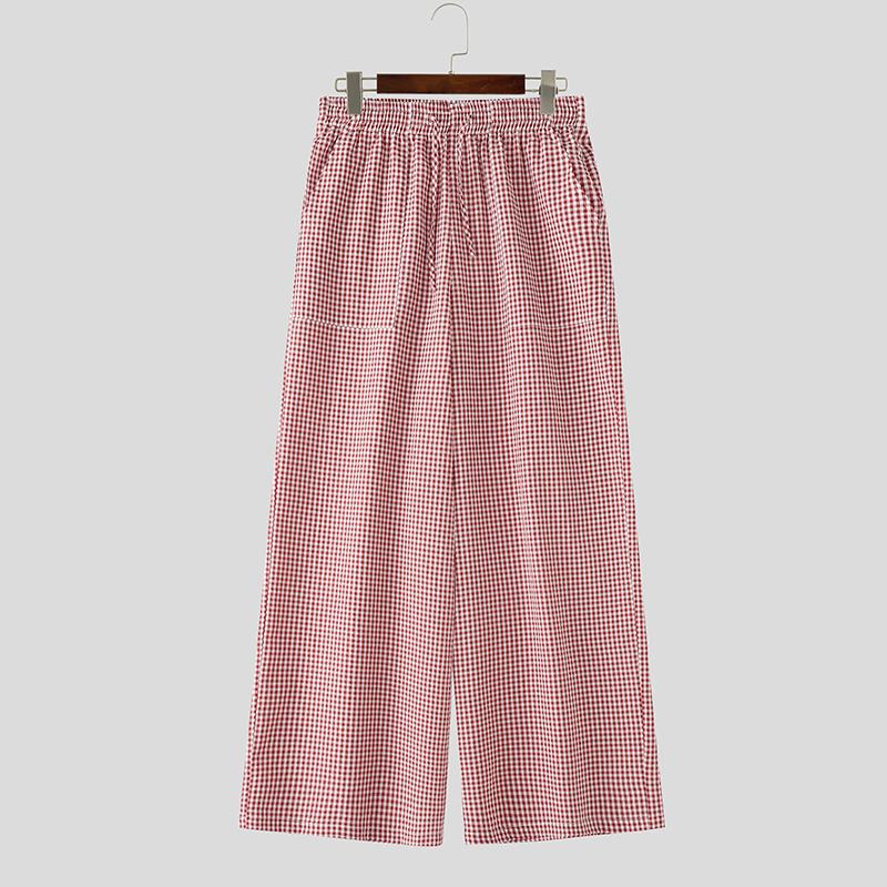 INCERUN Men Drawstring Elastic Waist Plaid Print Casual Long Wide Leg Pants Trousers