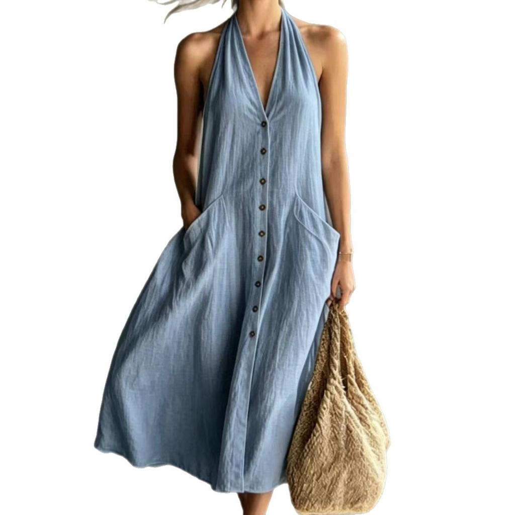 Neue Damenbekleidung Europäischer und Amerikanischer Stil V-Ausschnitt Kleid Damen Sommer Einreiher Ärmellos Locker Schwingend Langes Kleid Damen Sommer