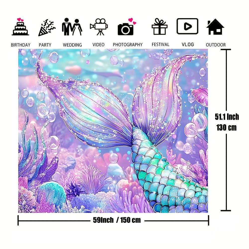2D Flat, 1pc, Underwater Mermaid Birthday Backdrop, Purple Coral and Pearl Glitter Scales for Party Decorations Background