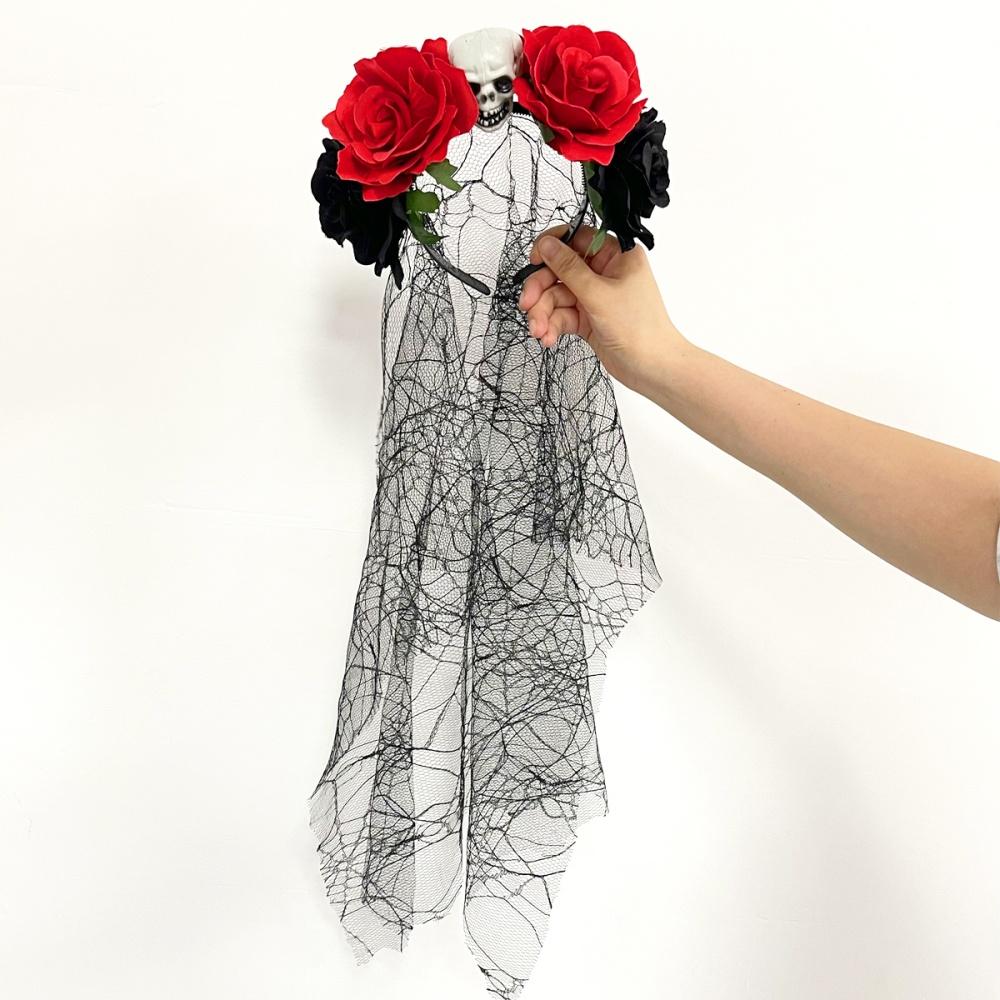 Halloween Black Veil Floral Hair Band Day Of The Dead Skull Rose Flower Headband Crown Cosplay Costume Headpiece Party Headwear