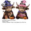 Halloween Table Decorations 2 Pcs Highland Cow Figurines, Boo Pumpkin Ghost Statue with Decorative Figurines Witch Hat, Wooden Scottish Ornament