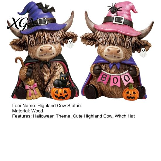 Halloween Table Decorations 2 Pcs Highland Cow Figurines, Boo Pumpkin Ghost Statue with Decorative Figurines Witch Hat, Wooden Scottish Ornament