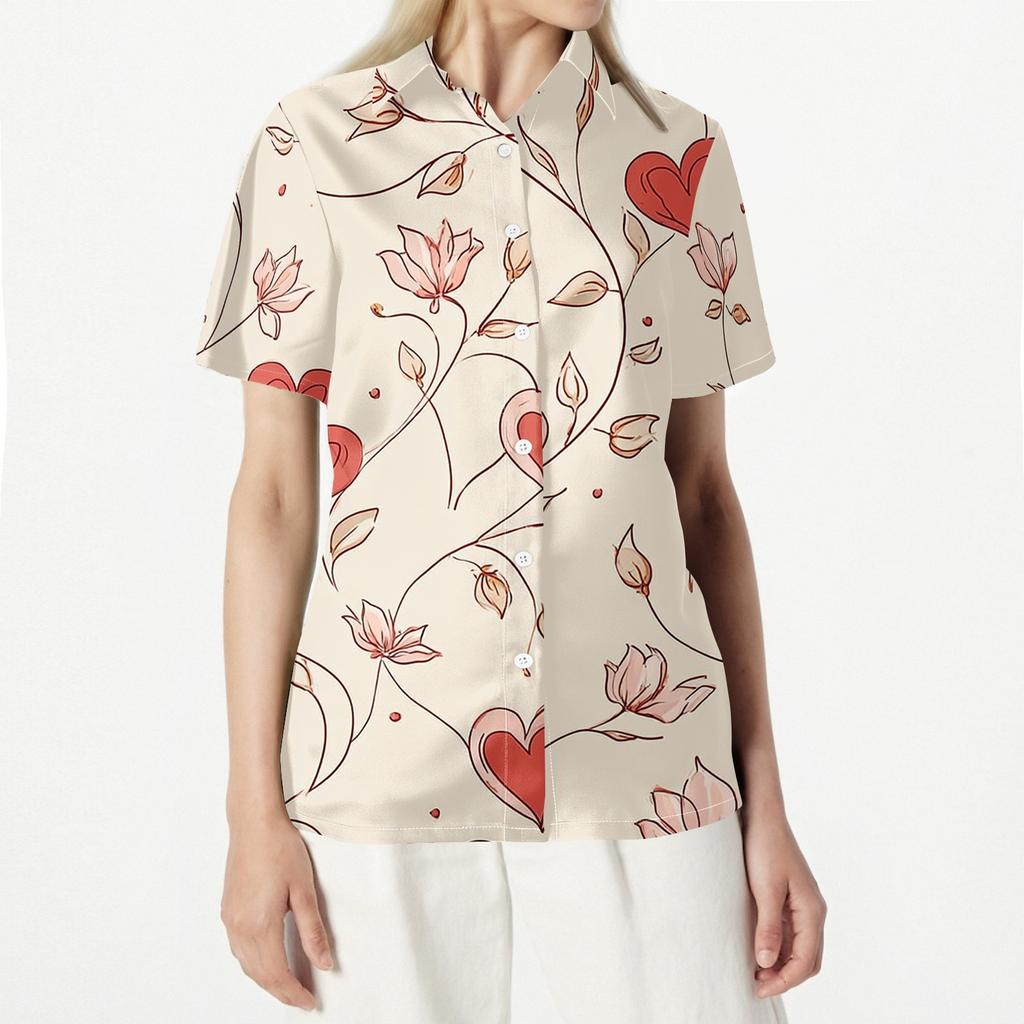Women Casual Floral Print Short Sleeve Button Down Collar Shirt Lightweight Loose Fit Summer Blouse