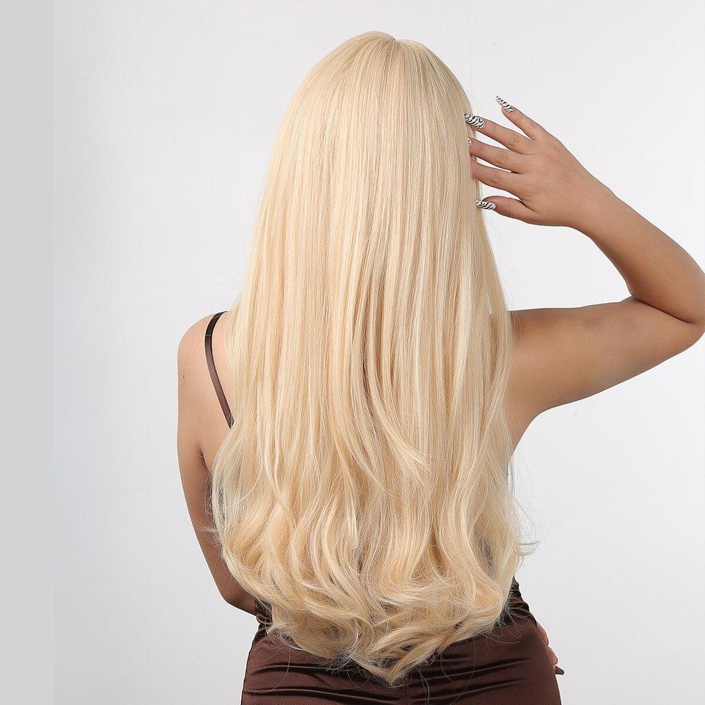 LOUIS FERRE Blonde Long Synthetic Wigs With Bangs Light Blonde Natural Straight Wig for Women Daily Cosplay Heat Resistant Hair