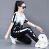 Casual Sports Suit for Women, Summer, Fashionable, Hooded, Slim, Short-sleeved, Loose Running Two-piece Set