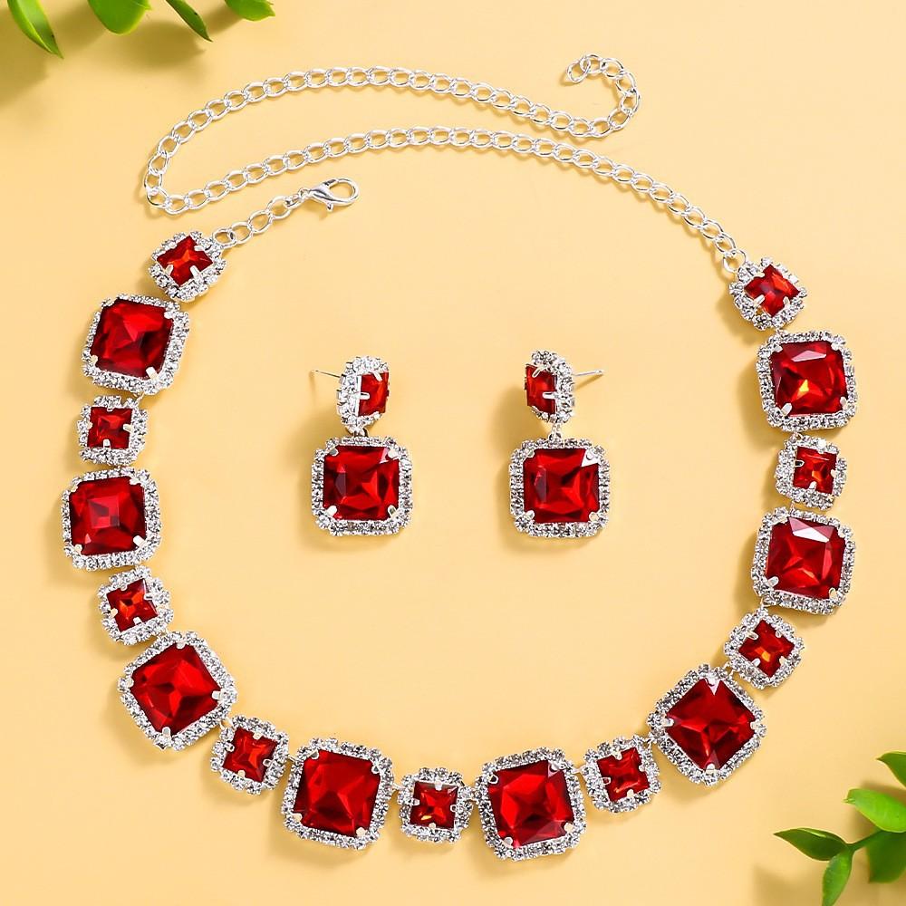Rotes Diamant Halskette Ohrringe Set Brautschmuck Premium Quadratisches Schmuckset Schmuckset