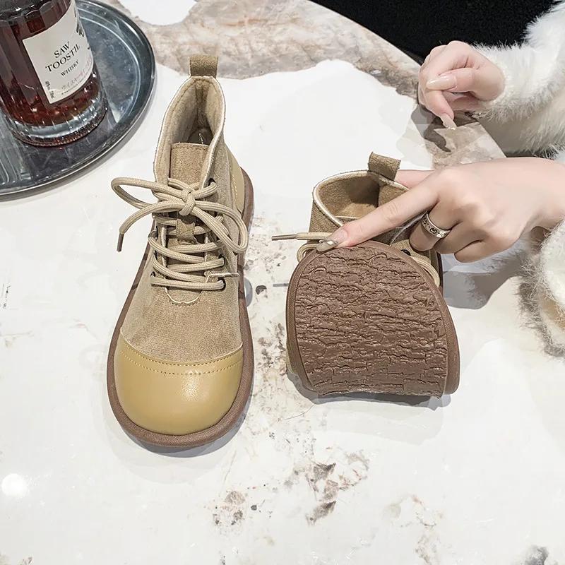 Damskie Botki Jesień/Zima Krótkie Botki Retro Miękka Podeszwa Okrągły Nosek Sznurowane Antypoślizgowe Płaska Podeszwa Zamszowe Patchworkowe Botki na Kostkę