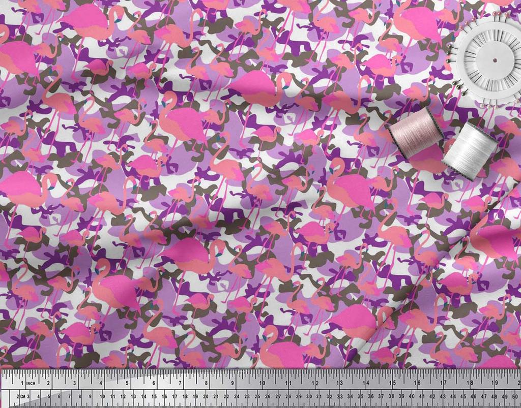 Soimoi Japan Crepe Satin Fabric Camouflage Texture & Flamingo Bird Printed Craft Fabric by the Metre 42 Inch