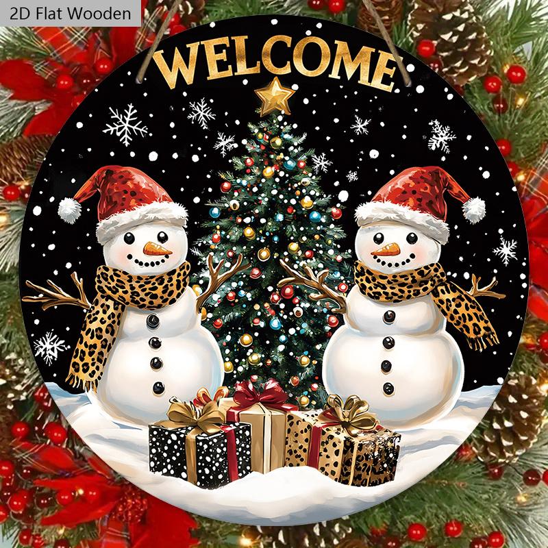 Rustikální vánoční dřevěná uvítací cedule se vzorem sněhuláka - Kulatá cedule Navidad na vchodové dveře, nástěnná dekorace - Ideální vánoční dekorace