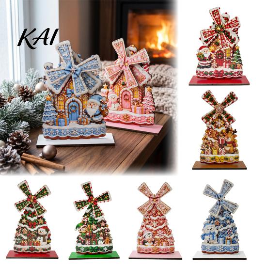 Holiday Seasonal Room Decor Christmas Windmill Wooden Ornament, Decorative Craft with Rotating Ornament Blades, Handmade Figurine for Home Tabletop
