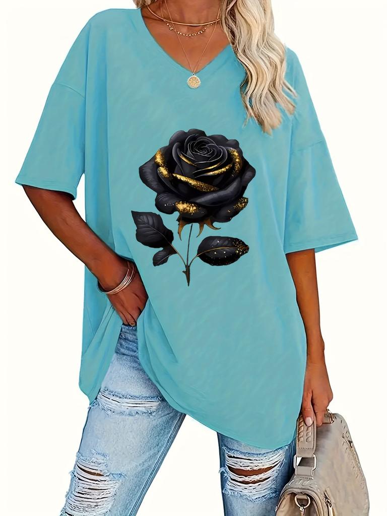 1116 European and American new summer large size rose print casual V-neck short-sleeved T-shirt