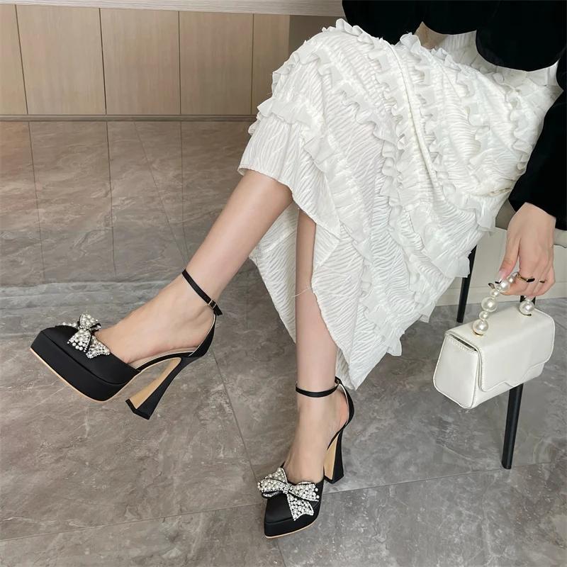 Fashion Ins Style Pearl Butterfly-Knot Women High Heels Sandals Sexy Thick Bottom Pointed Toe Platform Pumps Wedding Banquet Shoes