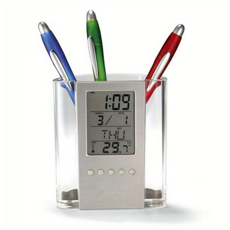 Transparent Pen Holder Container Cock Pencil Alarm LCD Digital Calendar Thermometer