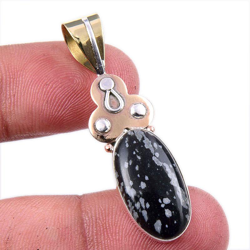 

Natural Snowflake Obsidian Gemstone 925 Solid Silver Two Tone Pendant 1.75 v3o46
