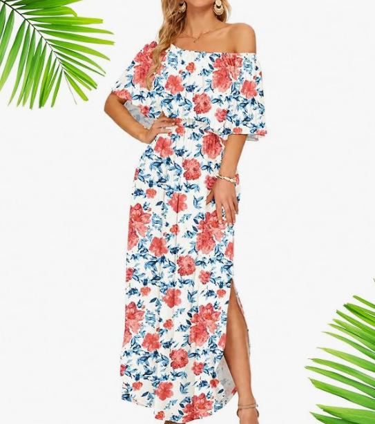 European and American summer new printed one-word shoulder short-sleeved long dress