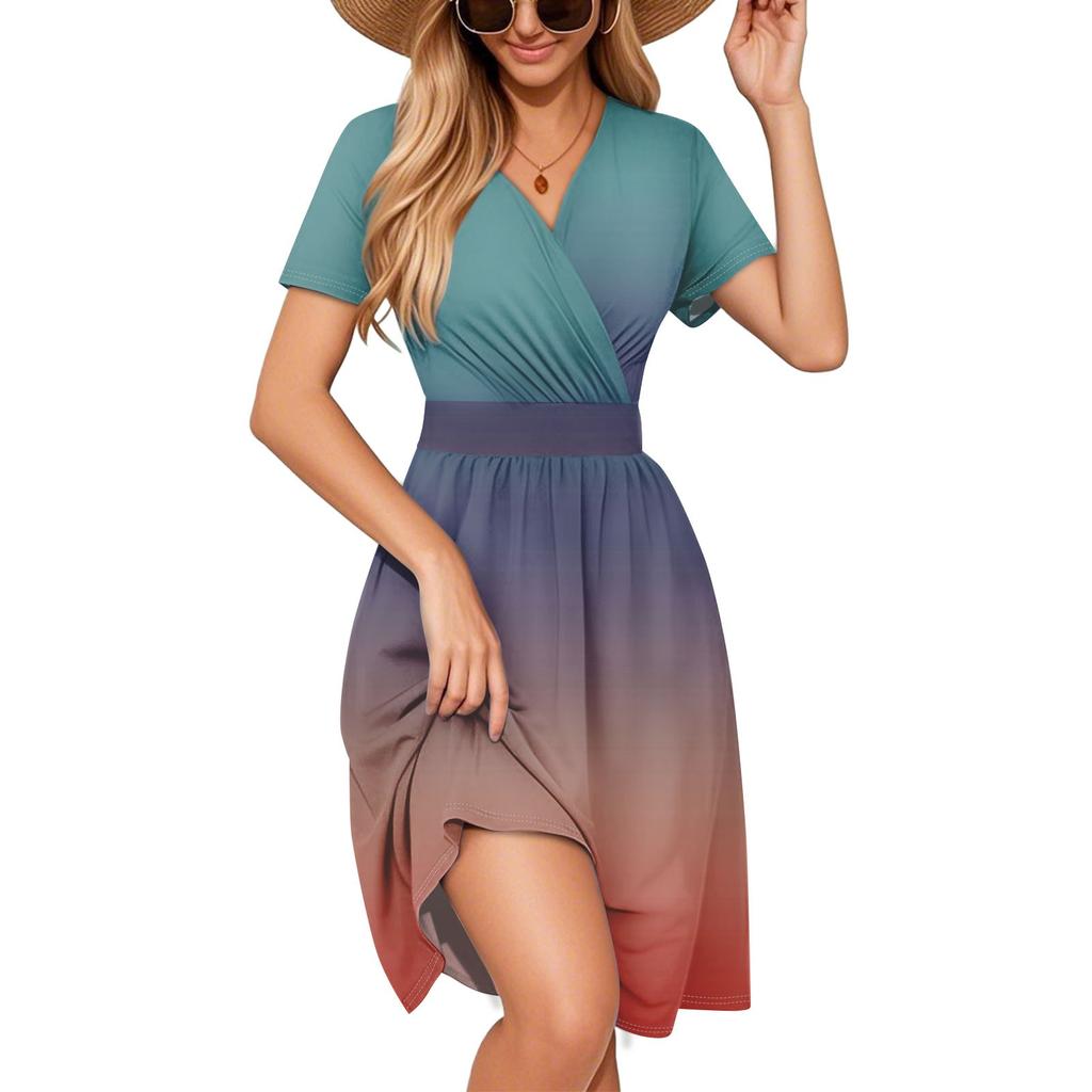 Women's Dress Is Elegant And Casual, Featuring A Colorful Printed V-neck Short-sleeved Dress