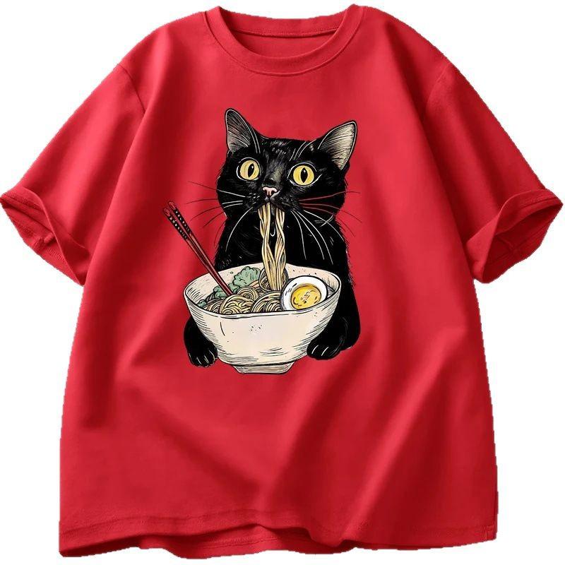 

Noodle Cat Print Short-sleeved Personalized Street Fashion Versatile Loose Sweatshirt T-shirt 5XL красный