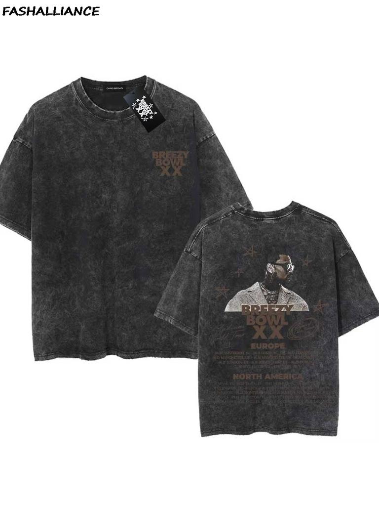 Chris Brown Tag Tshirt Breezy Bowl XX Tour Oversized T shirt Washed Vintage Cotton Hiphop Streetwear CB