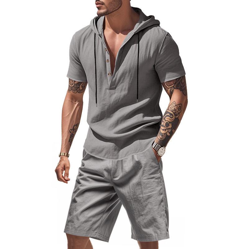 Men's Casual Linen Breathable Hooded Henley Shirt and Shorts Set