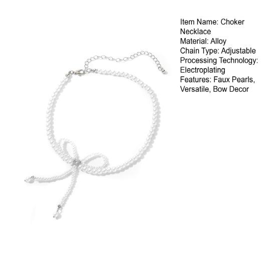 Faux Pearl Choker Necklace with Adjustable Fit Bow Design Short Necklace Formal Events Dresses Parties Necklace Jewelry Gift
