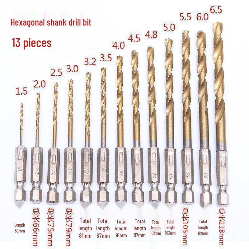 

Набор из 13 спиральных сверл с шестигранным хвостовиком с титановым покрытием (1.5-6.5mm) - Быстрорежущая сталь для деревообработки