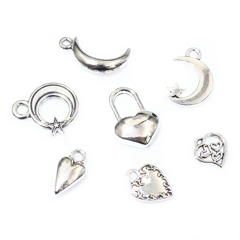 40pcs Antique Silver Plated Moon Heart Small Charms Pendant DIY Handmade Jewelry Findings for Bracelet Necklace Accessories
