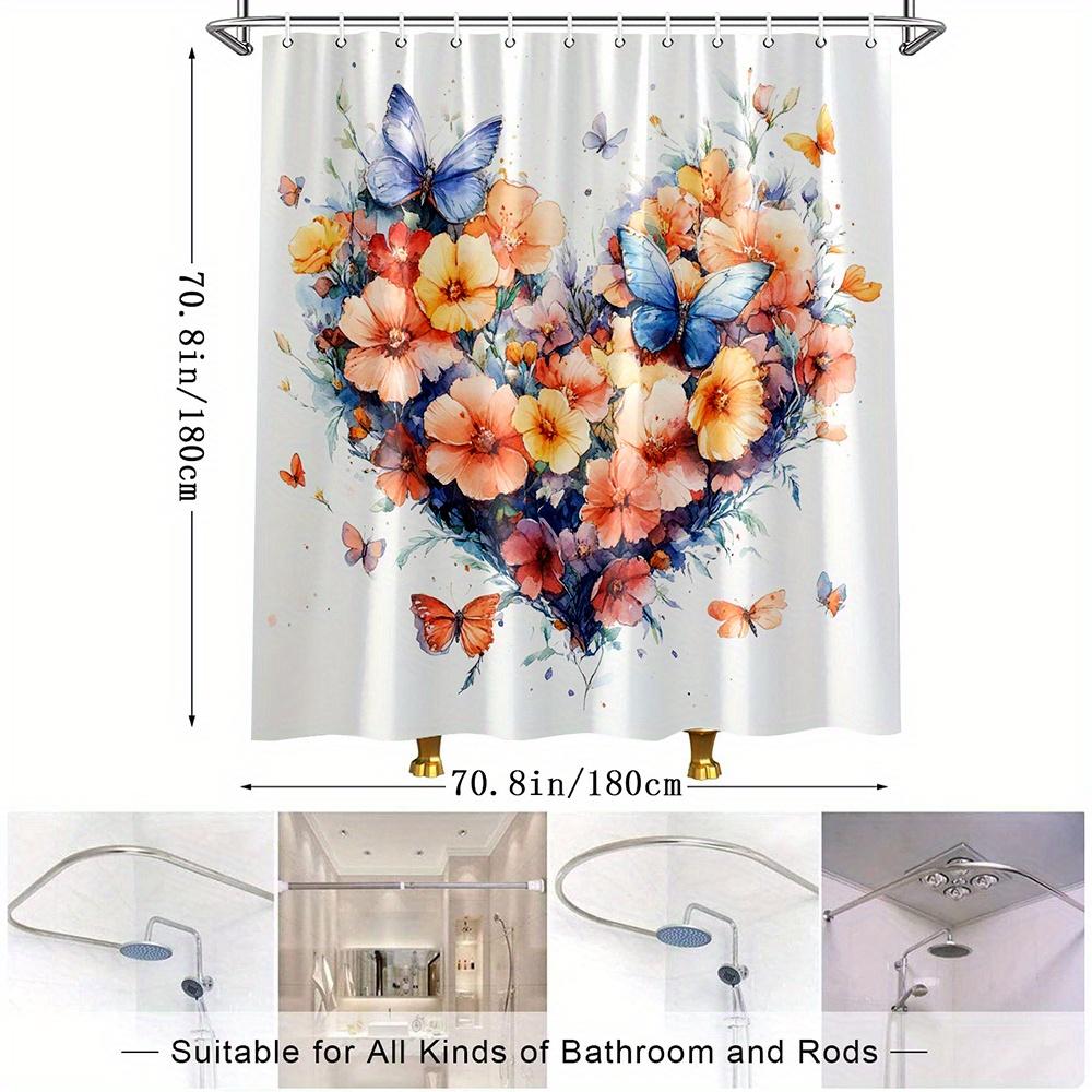 1Pc Valentine'S Day Floral Heart Shower Curtain With Colorful Butterflies - Polyester Fabric Bathroom Decor, 70. 8X70. 8 Inches,