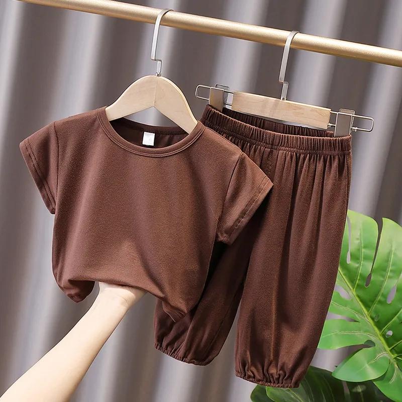 Solid Color Short-sleeved Summer Home Wear Baby Children Simple Half-sleeved Two-piece Set