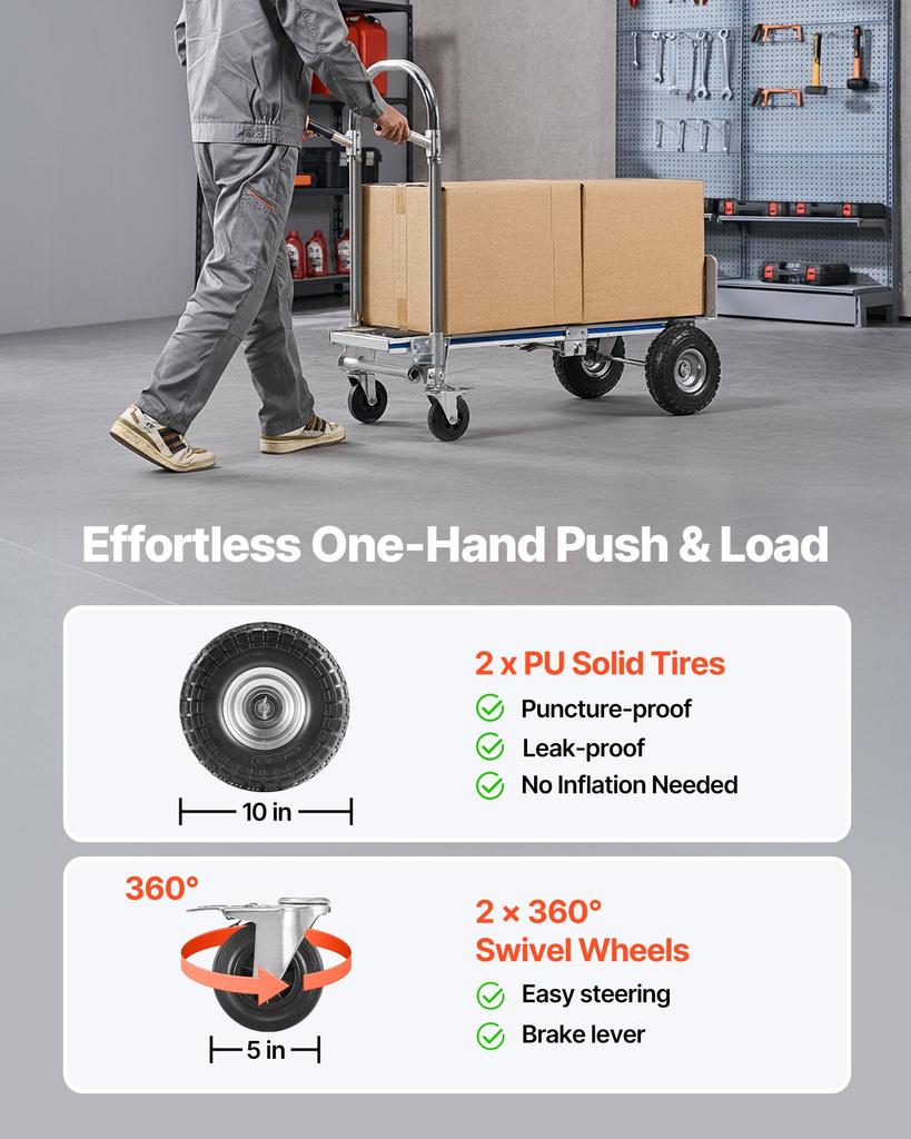 VEVOR 2 In 1 Hand Truck, 453.6 Kg Load Capacity for 4-Wheel Mode, Convertible Hand Truck Dolly with Non-Slip Handle & Wheels