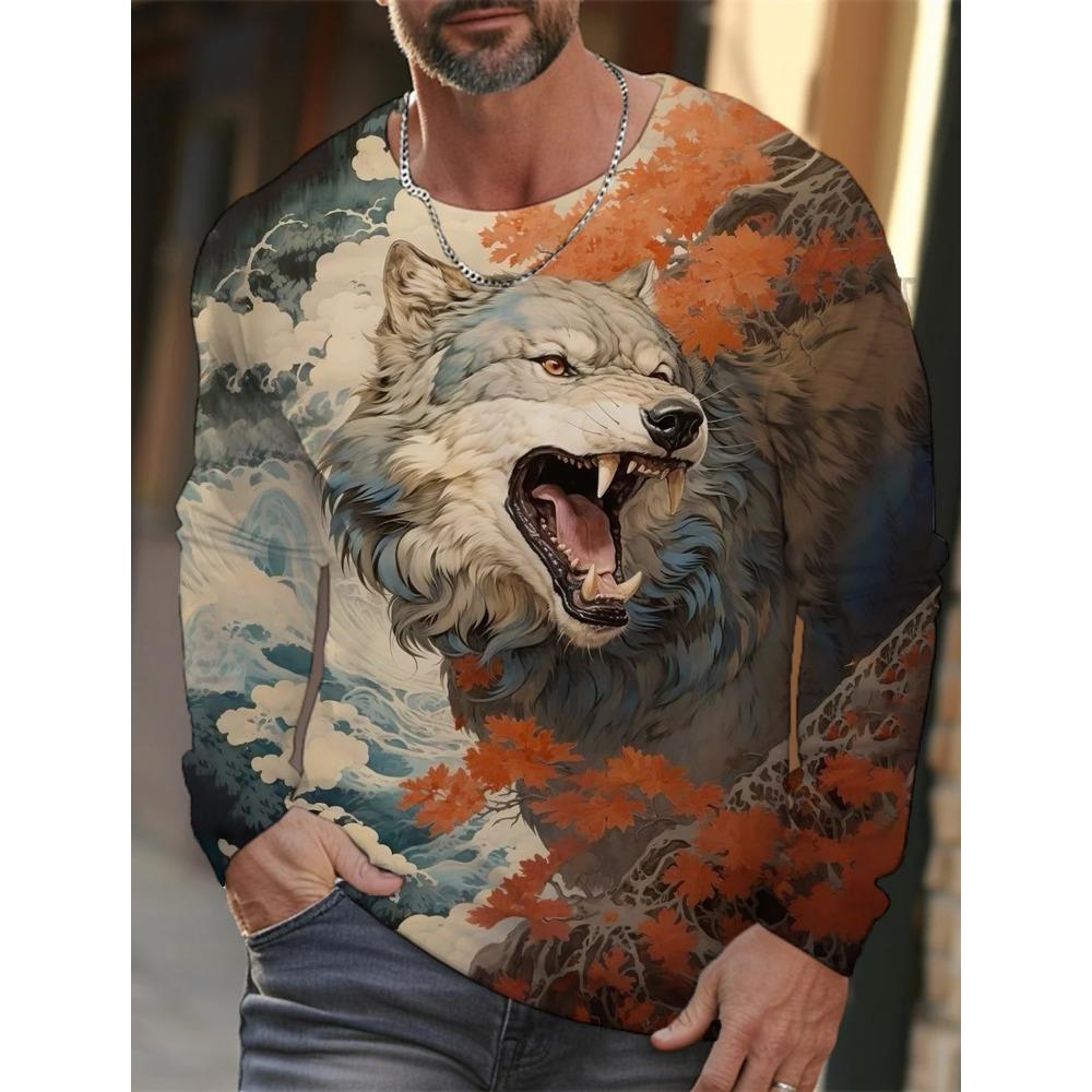 Spring and Autumn Round Neck Wolf Pattern 3D Ukiyoe Printed Top Fashionable Casual Long Sleeved Men's T-shirts